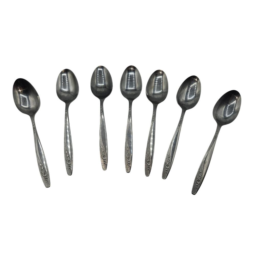 Vintage International Stainless Tablespoons Set 7 Korea Floral Pattern MCM